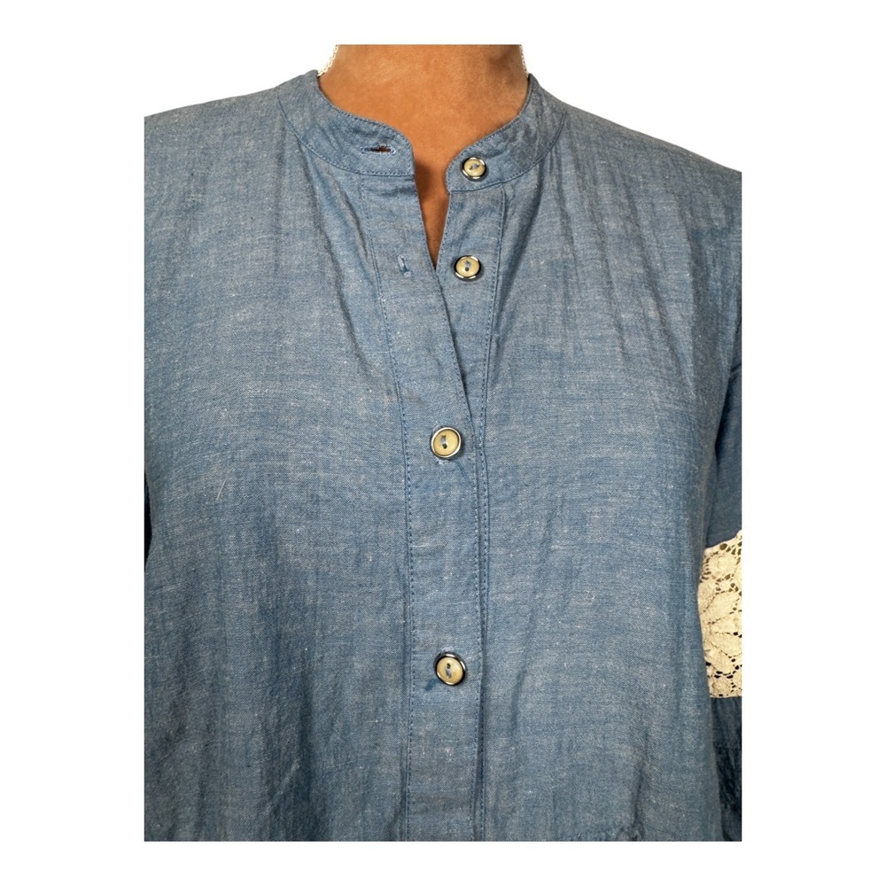 Johnny Was Laguna Pieced Dress Sz Lg Blue Chambray Tunic Lace Trim Bohemian Fall - Picture 6 of 16